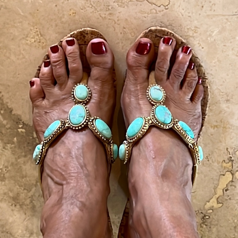 Mystique gold & aqua blue gem sparkly sandals, sz 10